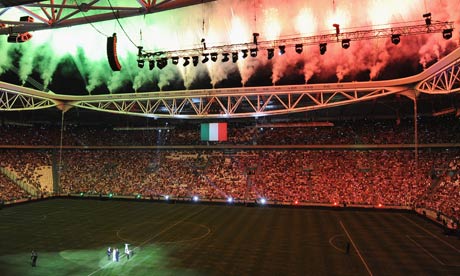 Stadium lit in red, white, green