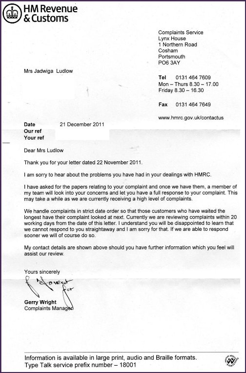 HMRC Complaint Acknowledgement