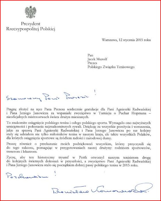 Letter of Congratulations from the President of Poland