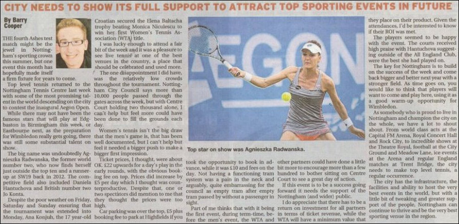 Nottingham Post article promoting tennis in the city
