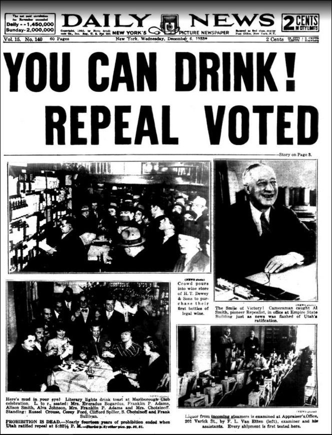 Permission to drink - prohibition is repealed in 1933