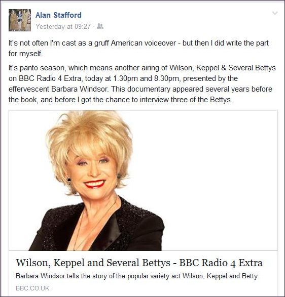 Radio re-broadcast announcement on Alan Stafford's Fb page