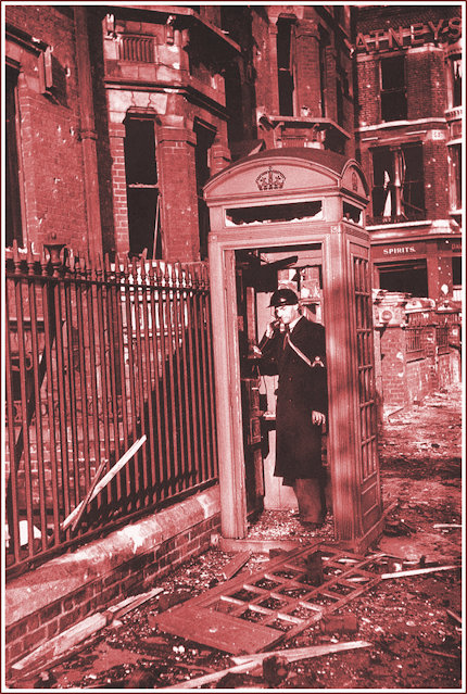 Bombed out telephone kiosk in WWII