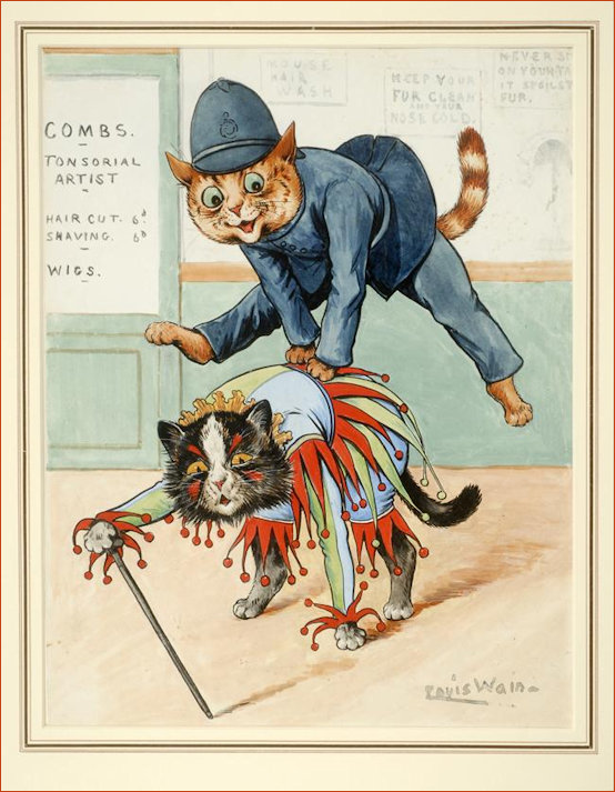 Cats dressed as policecat and jester playing leapfrog by Louis Wain
