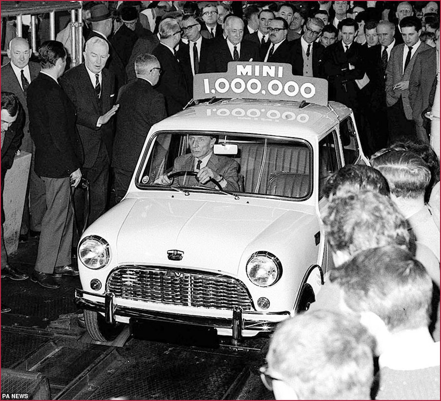 Issigonis driving one millionth mini off the production line
