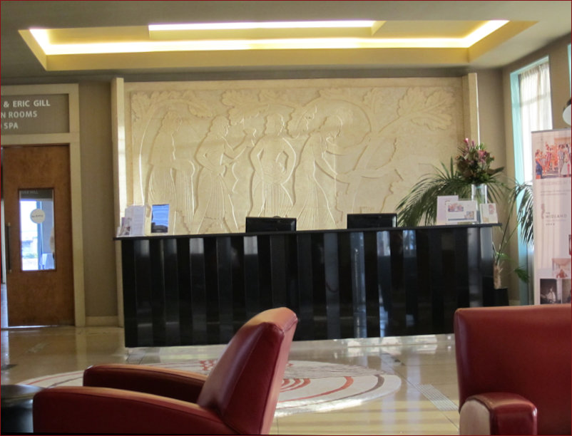 Eric Gill relief in Midland Hotel Reception Area present day
