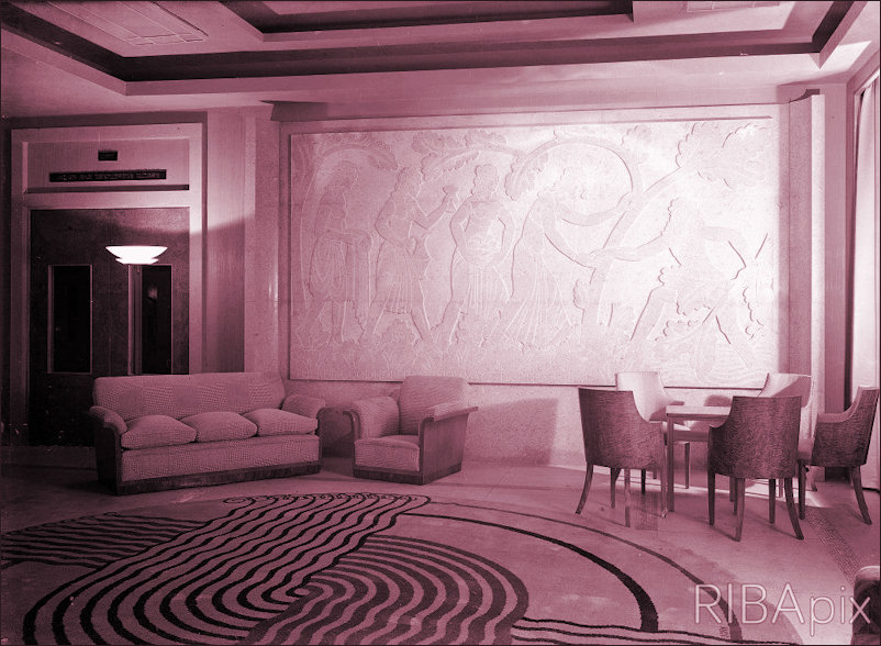 Midland Hotel, Morecambe, Lancashire: corner of the hall with stone relief by Eric Gill and rug by Marion Dorn