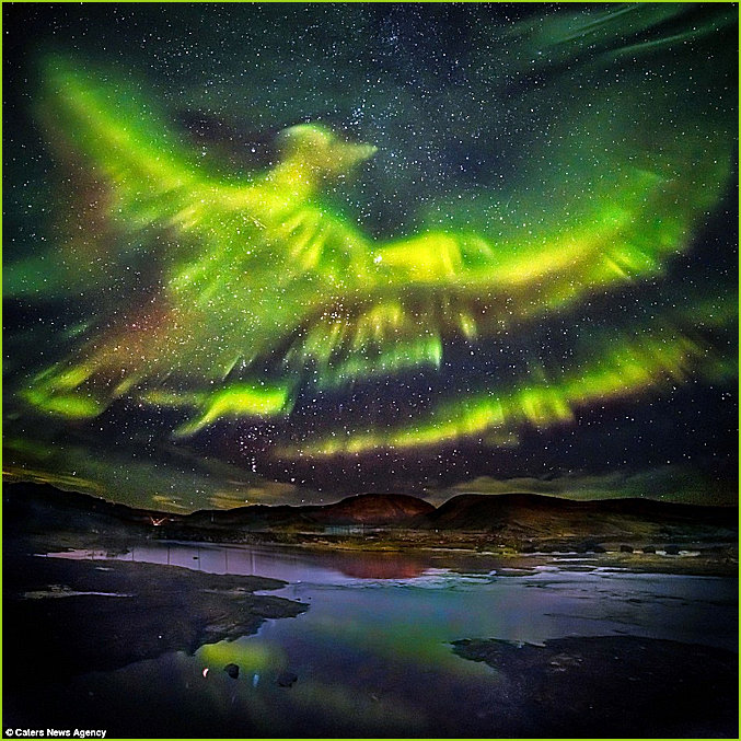 The image of a Phoenix appears during a sequence of Northern Lights