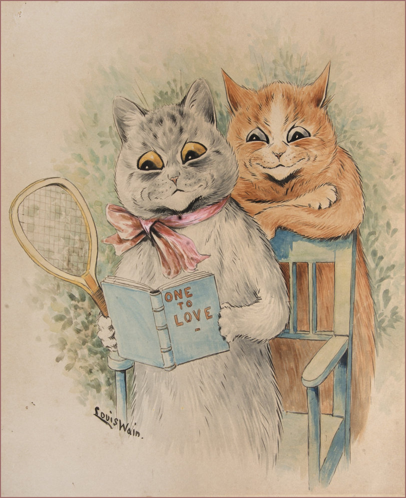 A Cat Couple with tennis racket and cooing love