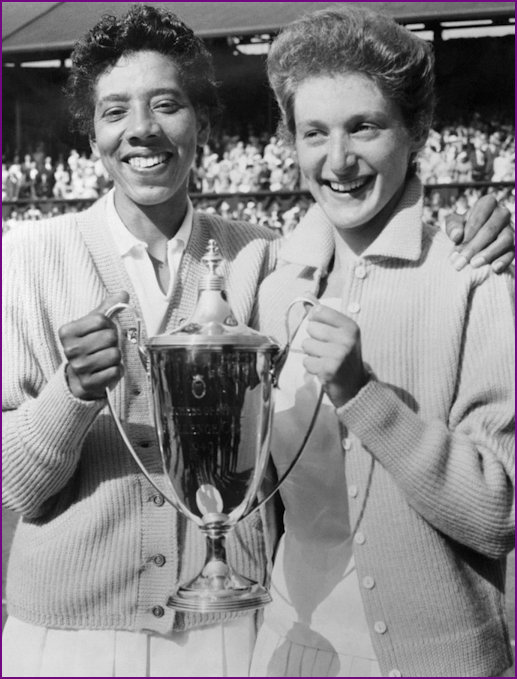 Angela Buxton and Althea Gibson after winning the 1956 Wimbledon Womens Doubles Championship 