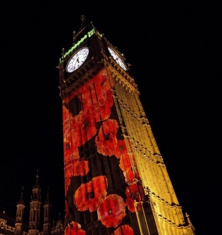Big Ben draped in poppies 2014