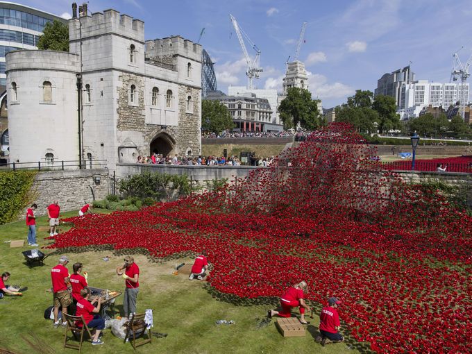 Workers carefully placing the poppies in the Tower Moat