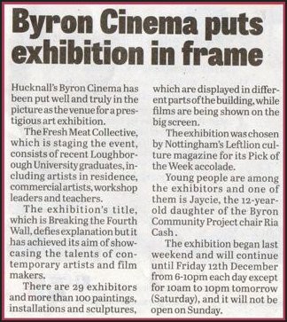 Newspaper article relating to Exhibition at the Byron Cinema
