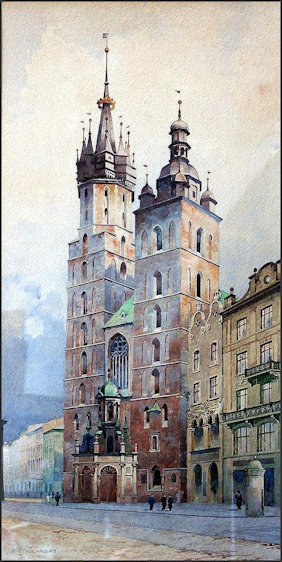 St Mary's Church in Krakow 1932 watercolour