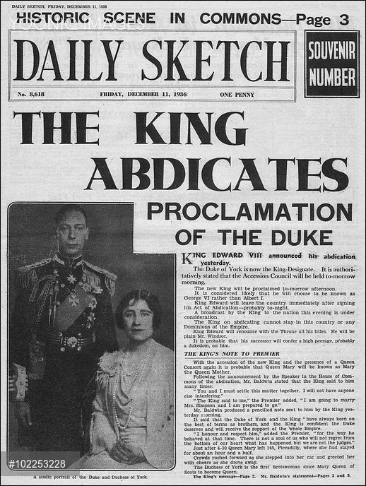Newspaper headline abdication of Edward VIII