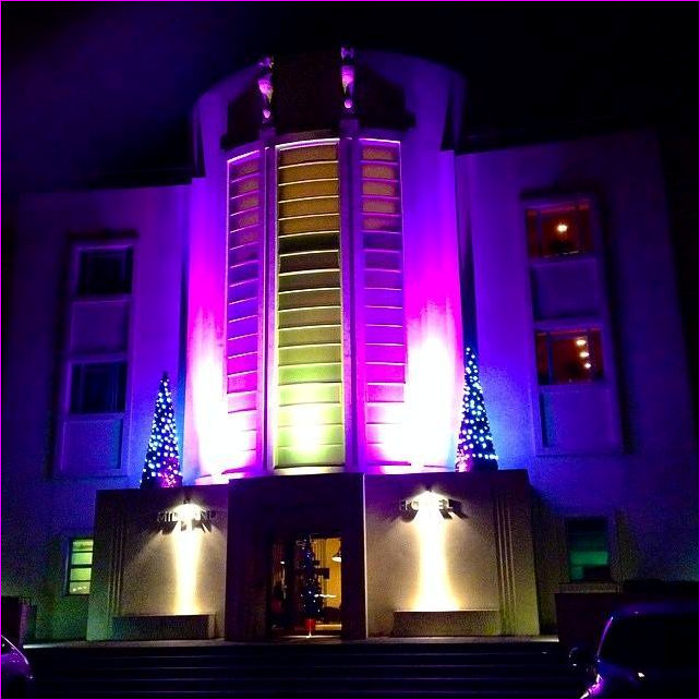 Midland Hotel lit up purple