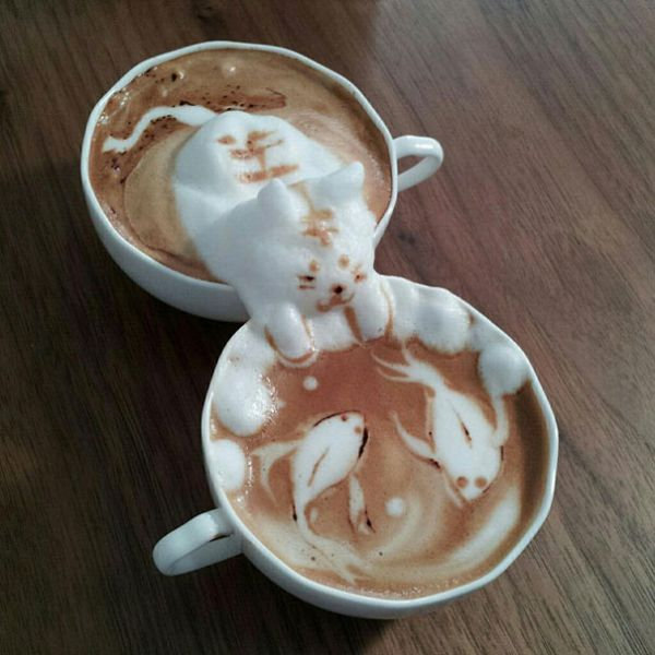Frothy Coffee Cat Art over two cups