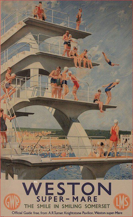 Gwr and LMS poster extolling the virtues of Weston Super Mare and featuring the diving oard