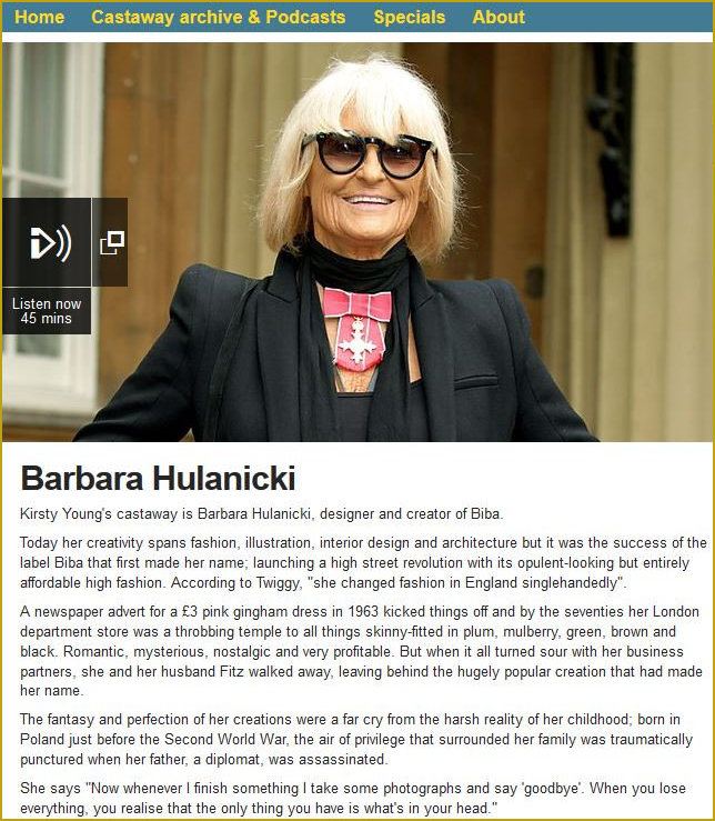 Barbara featuring in Desert Island Discs which was originally broadcast on 8th December 2013