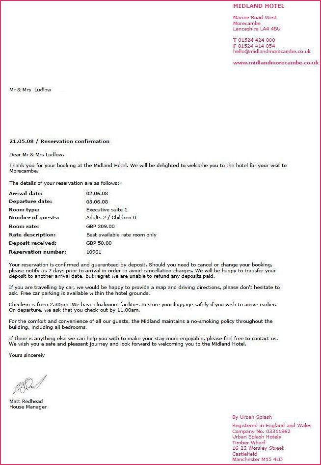 Confirmation Letter of Booking for June 2008