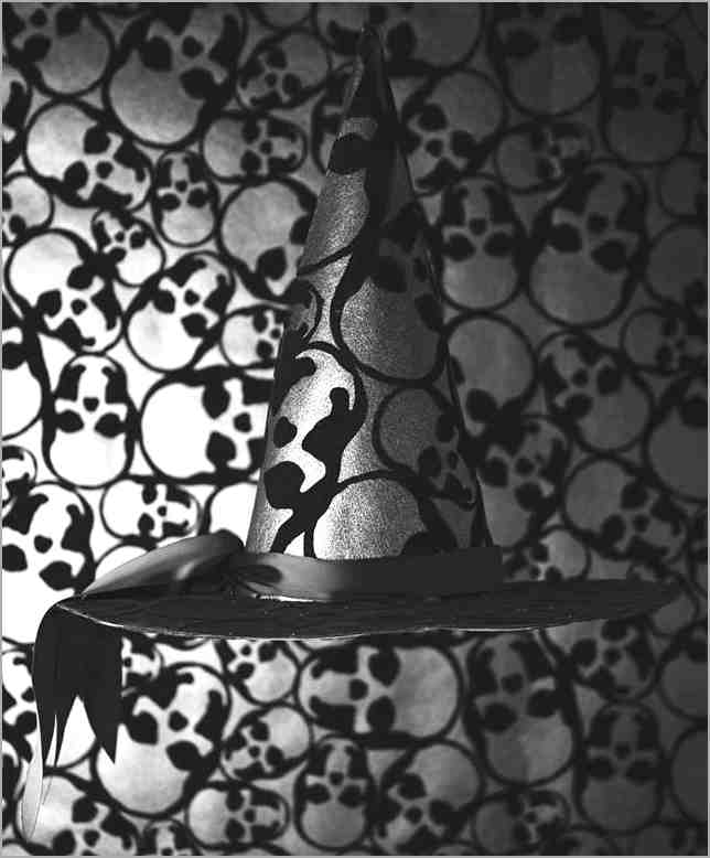 Witches hat made from and against a backdrop of Barbara Hulanicki skull designed wallpaper