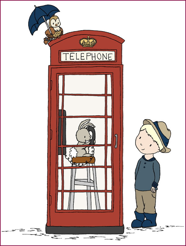 Cartton of bird, little boy and rabbit in a telephone kiosk