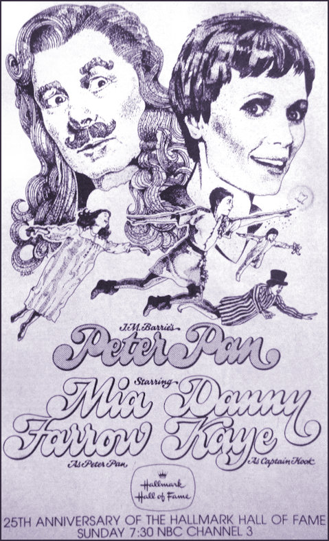 Illustration advertising Danny Kaye and Mia Farrow in Peter Pan 1975