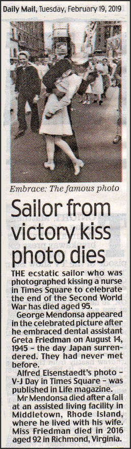Sailor from Victory Kiss photo in 1945 dies in 2019