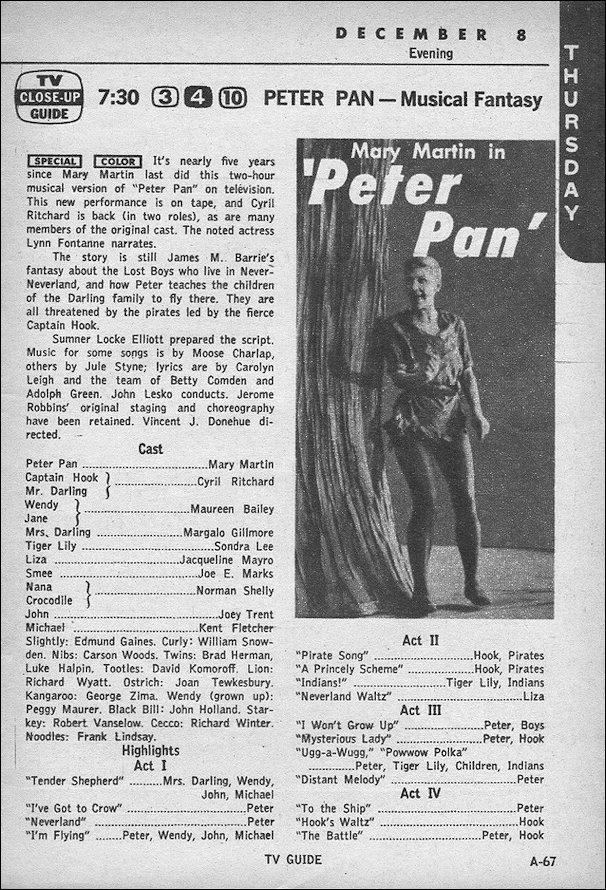 TV page promoting Mary Martin's peter Pan Return