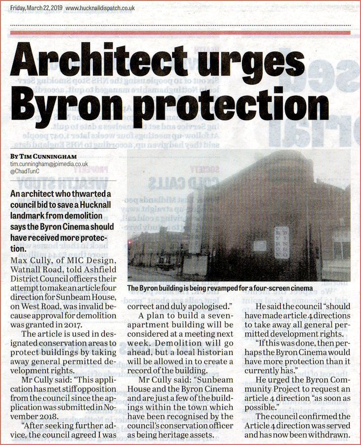 Newspaper article entitled Architect urge Byron protection