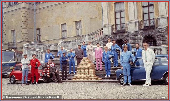 The full cast of the Italian Job plus the Minis and the Bus and the Gold bars