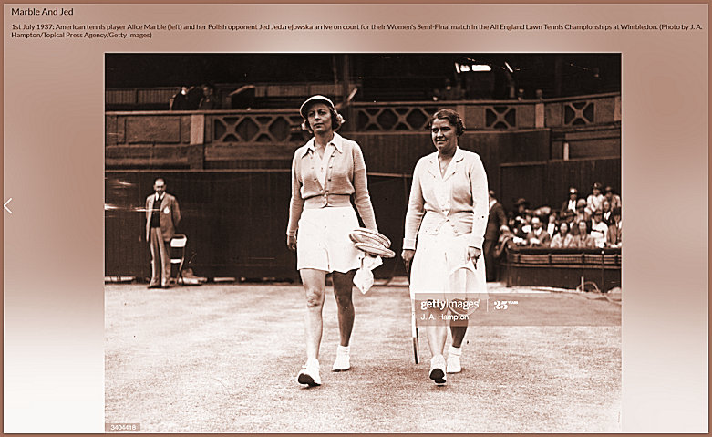 Misnamed Jed and Alice Marble enter the arena for their semi-final at Wimbledon 1937