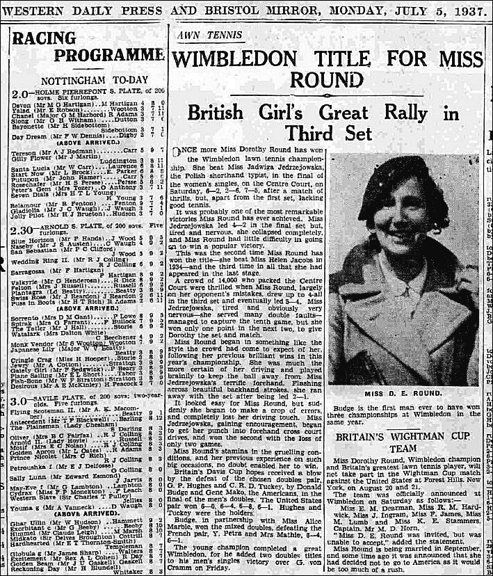 Western Daily Press final write up for 1937 Wimbledon Championships