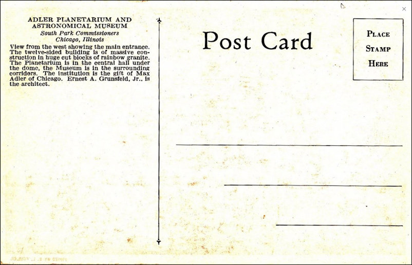 1930 Post card of the Adler Planetarium reverse