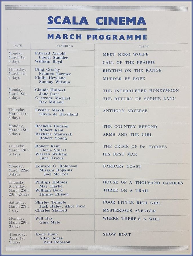 Scala Cinema March 1937 programme