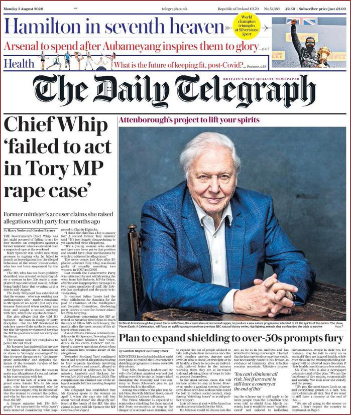 Daily Telegraph headline on Monday 3rd August 2020