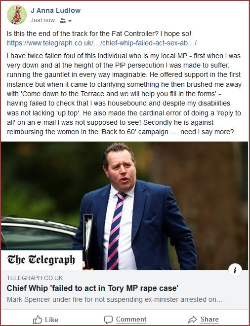 Facebook comment on the accusations about Mark Spencer MP for Ashfield and the Chief Whip