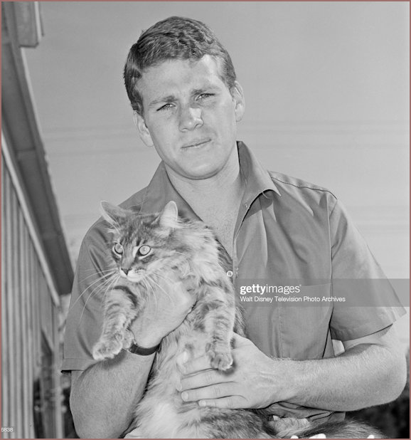 Ryan Obeal and cat during the filming of Peyton Place