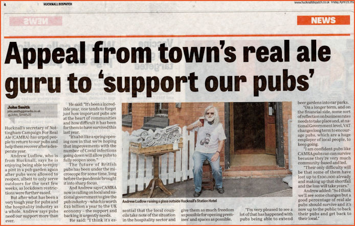 Hucknall Dispatch Article about post-lockdown support for pubs