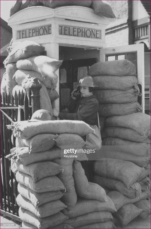 Getty image of a sandbagged kiosk during WWII