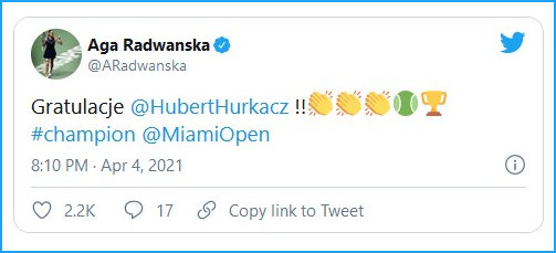 Afa Radwanska's congratulatory tweet to Hubert