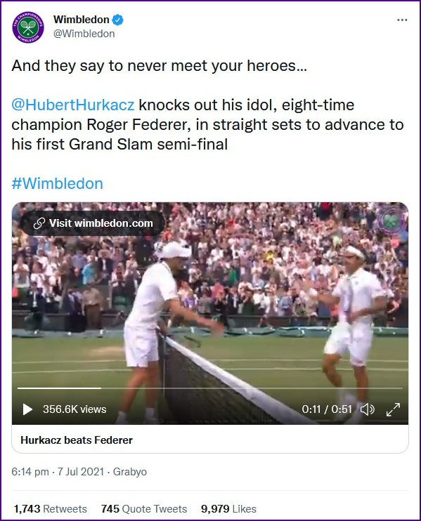 Tweet from Wimbledon after Hurkacz defeats Federer