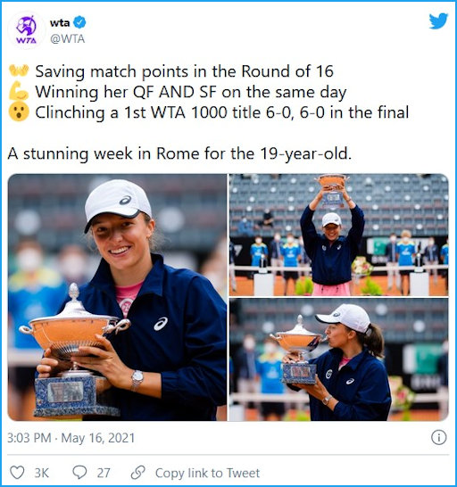 Tweet from WTA praising match statistics