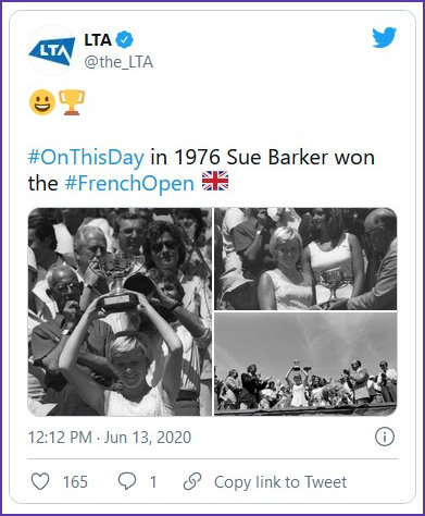  A tweet from the LTA acknowledging Sue Barkers Fo triumph